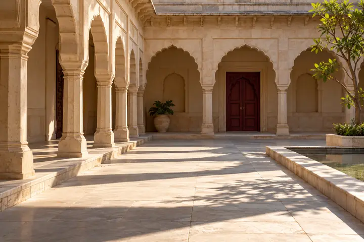 Illustrative cultural courtyard with sandstone arches and geometric shadows