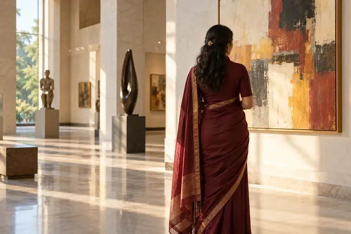 AI-generated adult woman in an opaque burgundy sari viewing art in a Nagpur-inspired gallery, rear view with face hidden