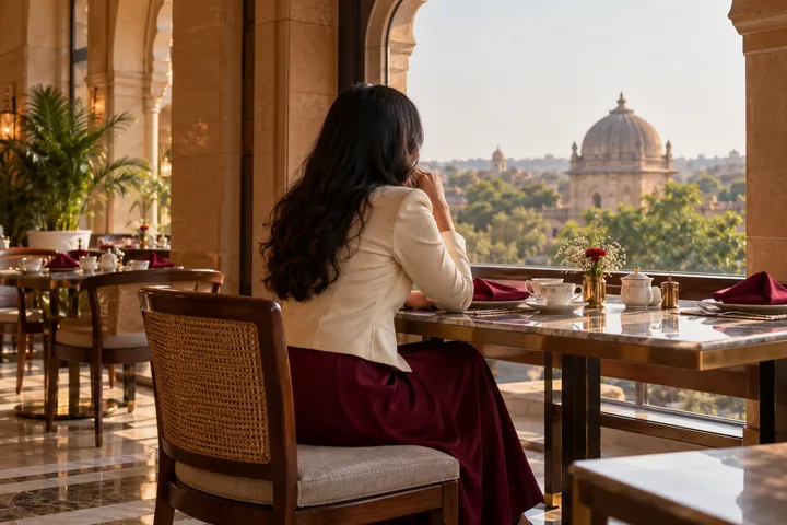 AI-generated adult woman in an ivory jacket and long burgundy skirt at a public restaurant, rear view with face hidden