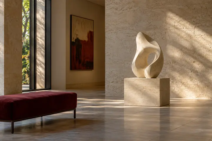 Illustrative gallery with an abstract stone sculpture, limestone walls, and a burgundy bench