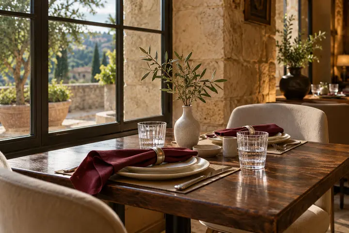 Illustrative restaurant table with burgundy linen, ivory ceramics, and water glasses